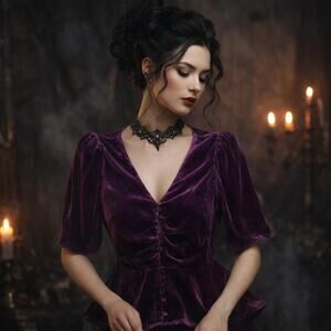 WAYF Plum Velvet Ruched Peplum Top Gothic Dark Romance Witchcore S